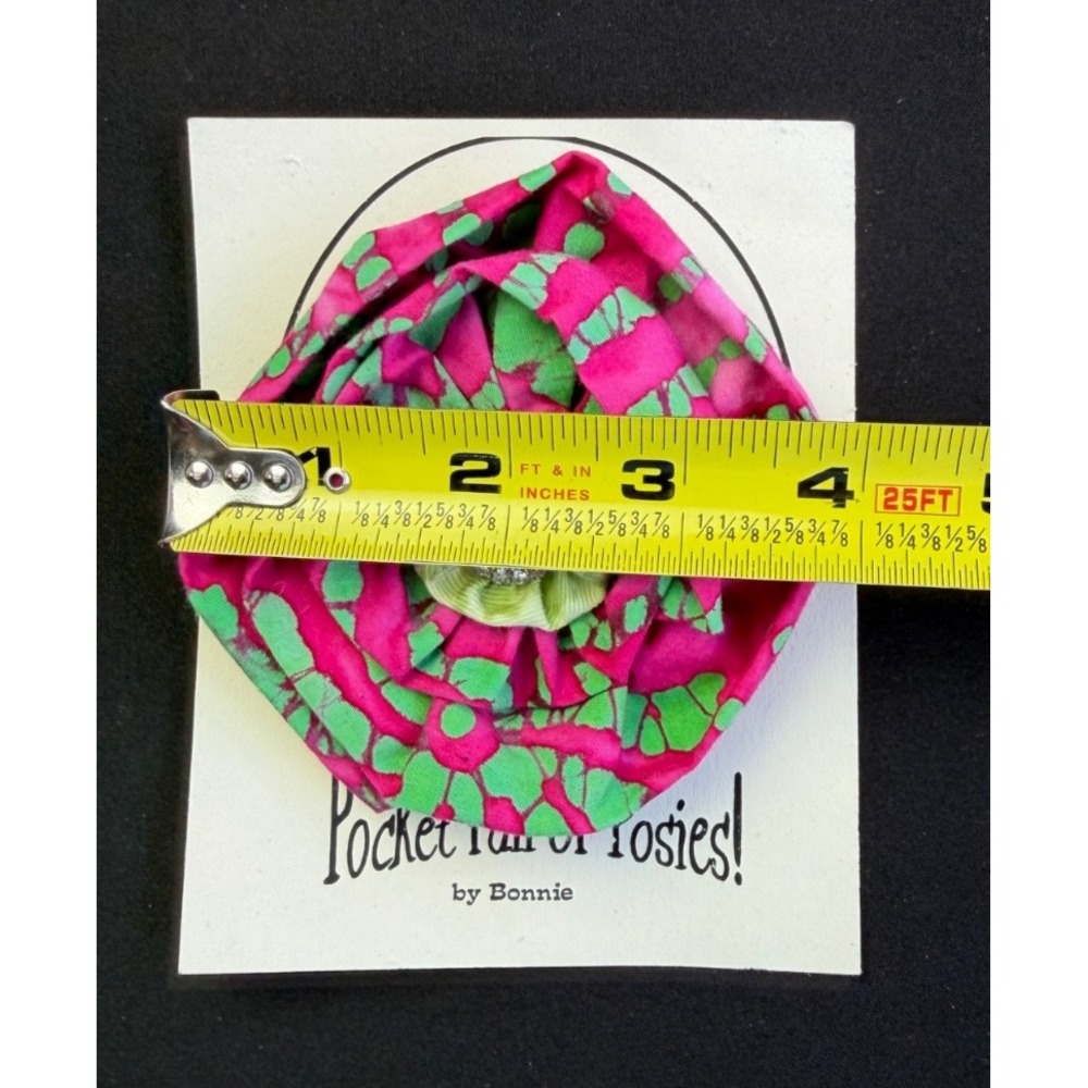 Pocket Full of Posies Fabric Flower Pin Pink Green Rhinestone Brooch Artsy Boho - Picture 3 of 5